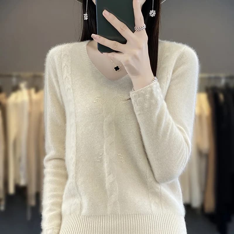 Pull jacquard torsadé à col en V pour femmes, pull en pure laine, tricots décontractés pour femmes, 