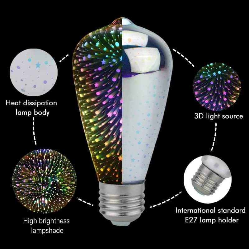 Ampoule LED Star Fire Works 3D E27 Vintage Edison, lumière de nuit AC110V 220V A60 ST64 G80 G95 G125