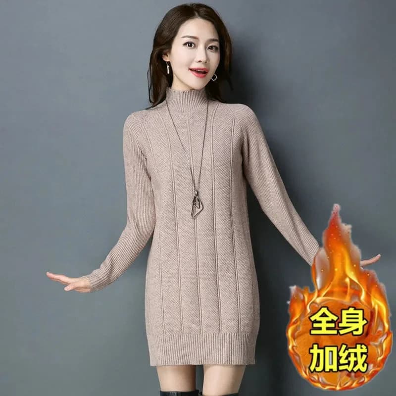 Robe pull en velours élastique mi-haute pour femme, pull long, chaud, épais, automne, hiver