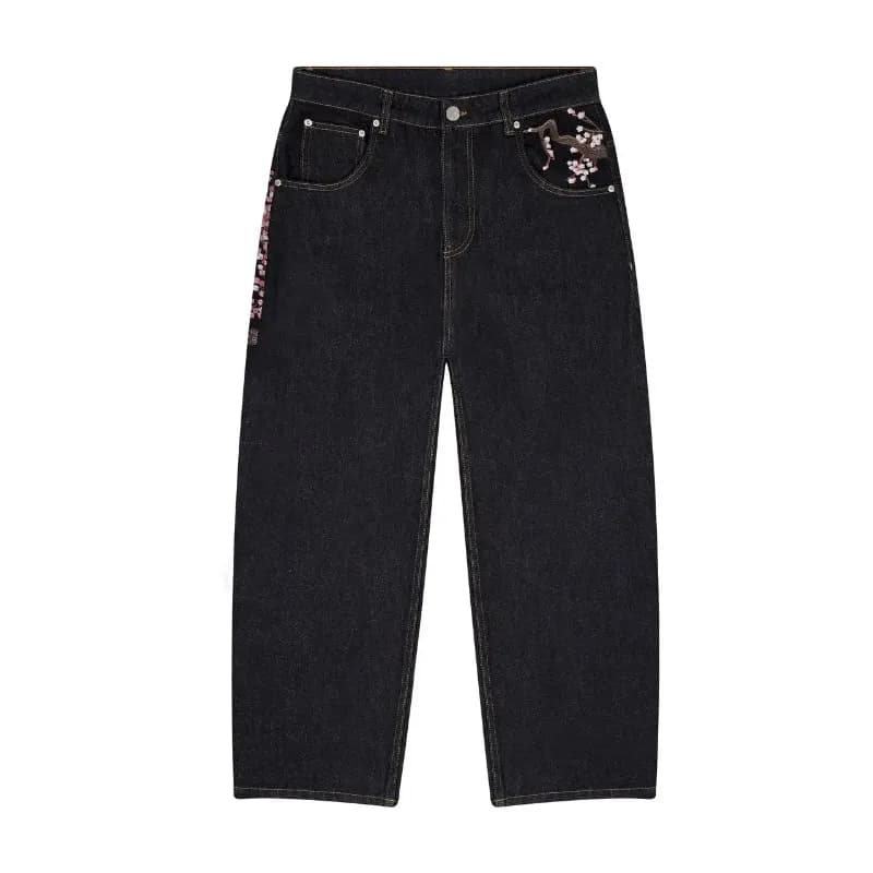 Y2K Baggy jeans fleur de cerisier lisière broderie Denim pantalon hommes femmes denim tissu américai