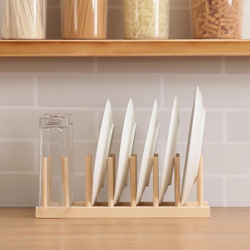 Support de rangement d'assiettes, support à vaisselle multifonctionnel en bois pour tasse, couvercle