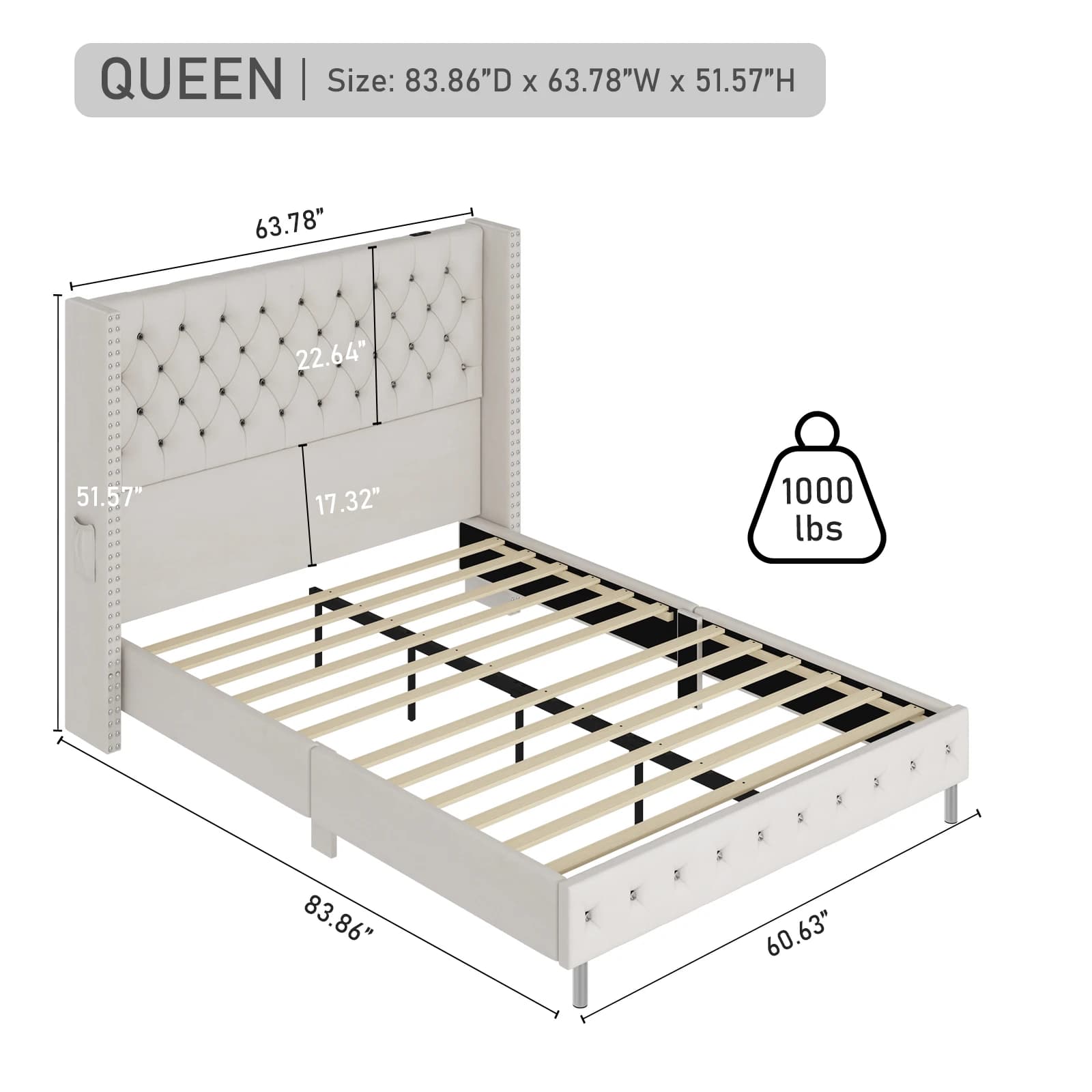 Cadre de lit capitonné à LED Queen avec planche de sauna à oreilles, bouton en velours et diamant, p