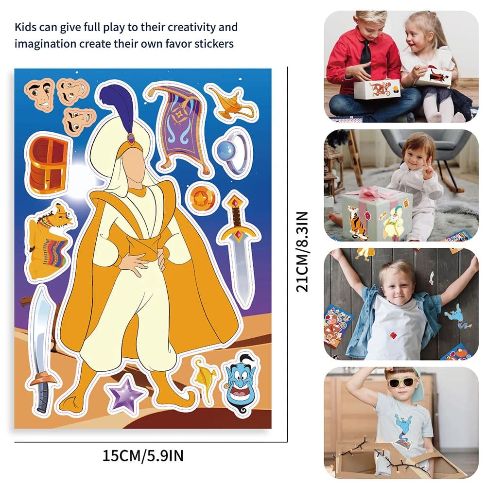 Autocollants de puzzle Disney Anime Aladdin pour enfants, faire un visage drôle, assembler des décal