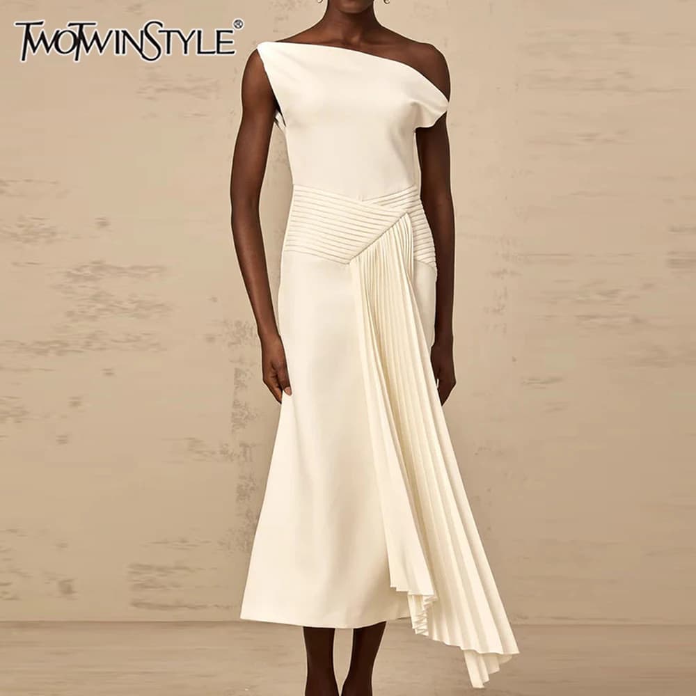 TWOTWINSTYLE – robe mi-longue élégante et amincissante pour femmes, couleur unie, col diagonal, épau