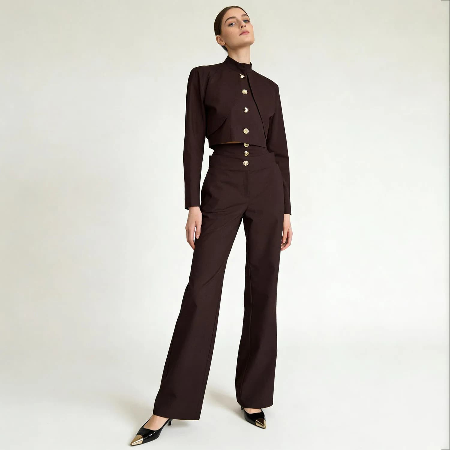 Haut court boutonné à col montant LIMO + pantalon large taille haute, ensemble élégant 2 pièces pour