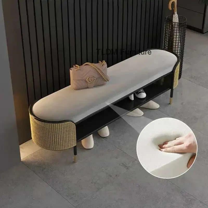 Pouf moderne Simple pour Hall d'entrée, Long creux avec coussin, tabourets légers de luxe en métal, 