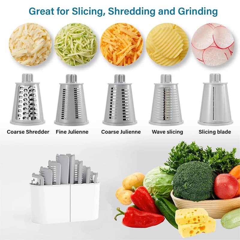 LMETJMA 5 en 1 râpe à fromage rotative broyeur cuisine Mandoline légumes Julienne trancheuse gaufre 