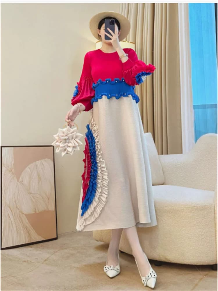 Miyake cravate fleur conception femmes robe plissée col rond à manches longues Colorblock Patchwork 