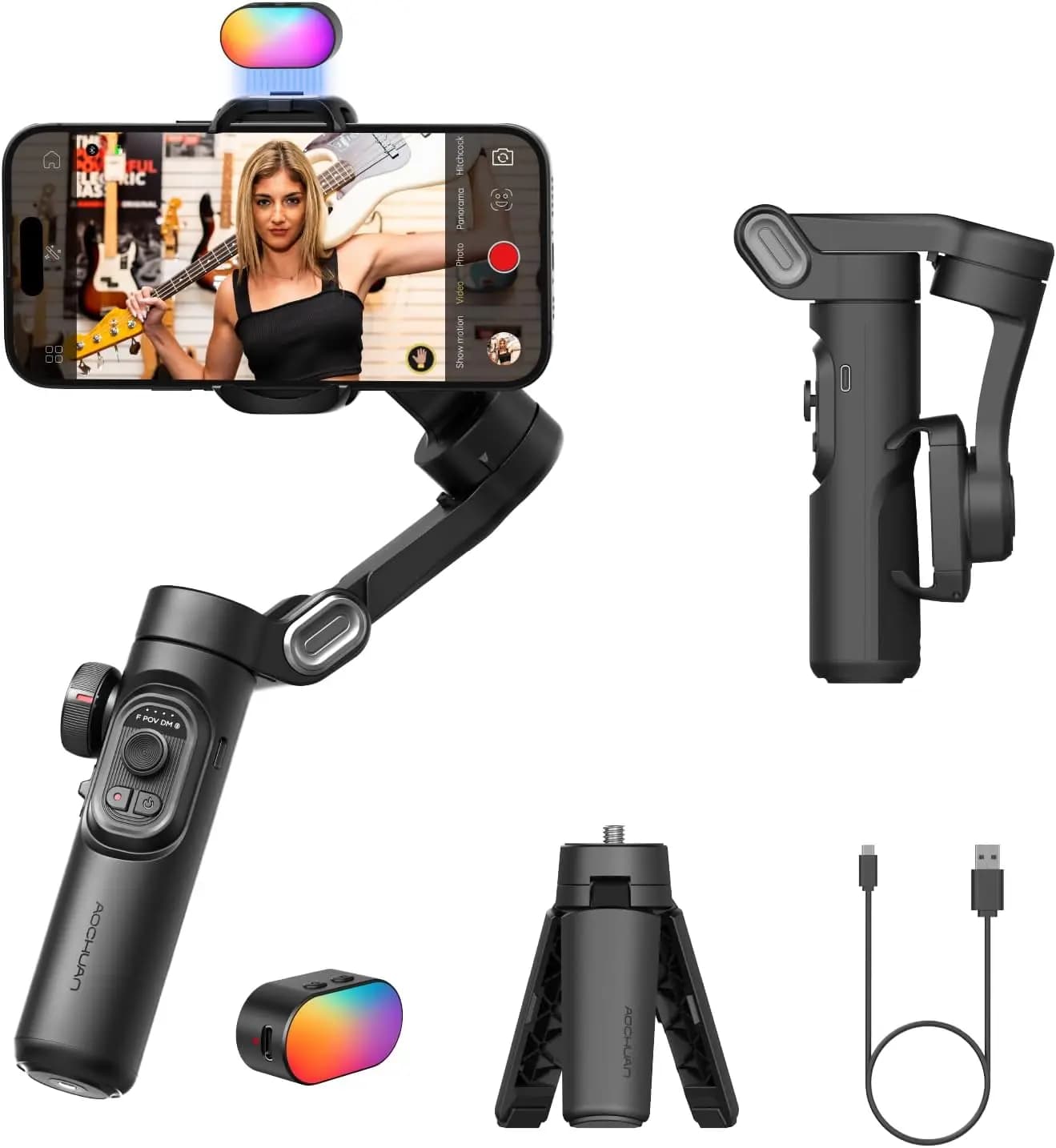 AOCHUAN – stabilisateur de cardan portatif à 3 axes, support de téléphone pliable avec lumière de re