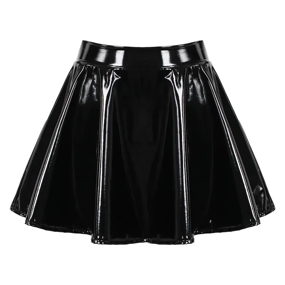 Mini-jupe évasée en cuir verni brillant pour femmes, jupe trapèze de danse, Clubwear, Costume de Cos