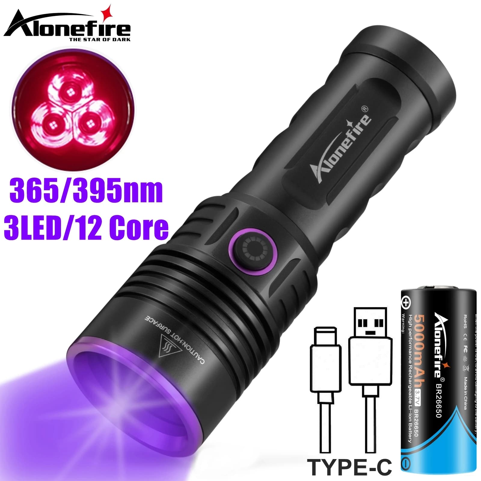 Lampe de poche UV haute puissance 60W 365nm, lumière noire, Rechargeable, durcissement des taches de