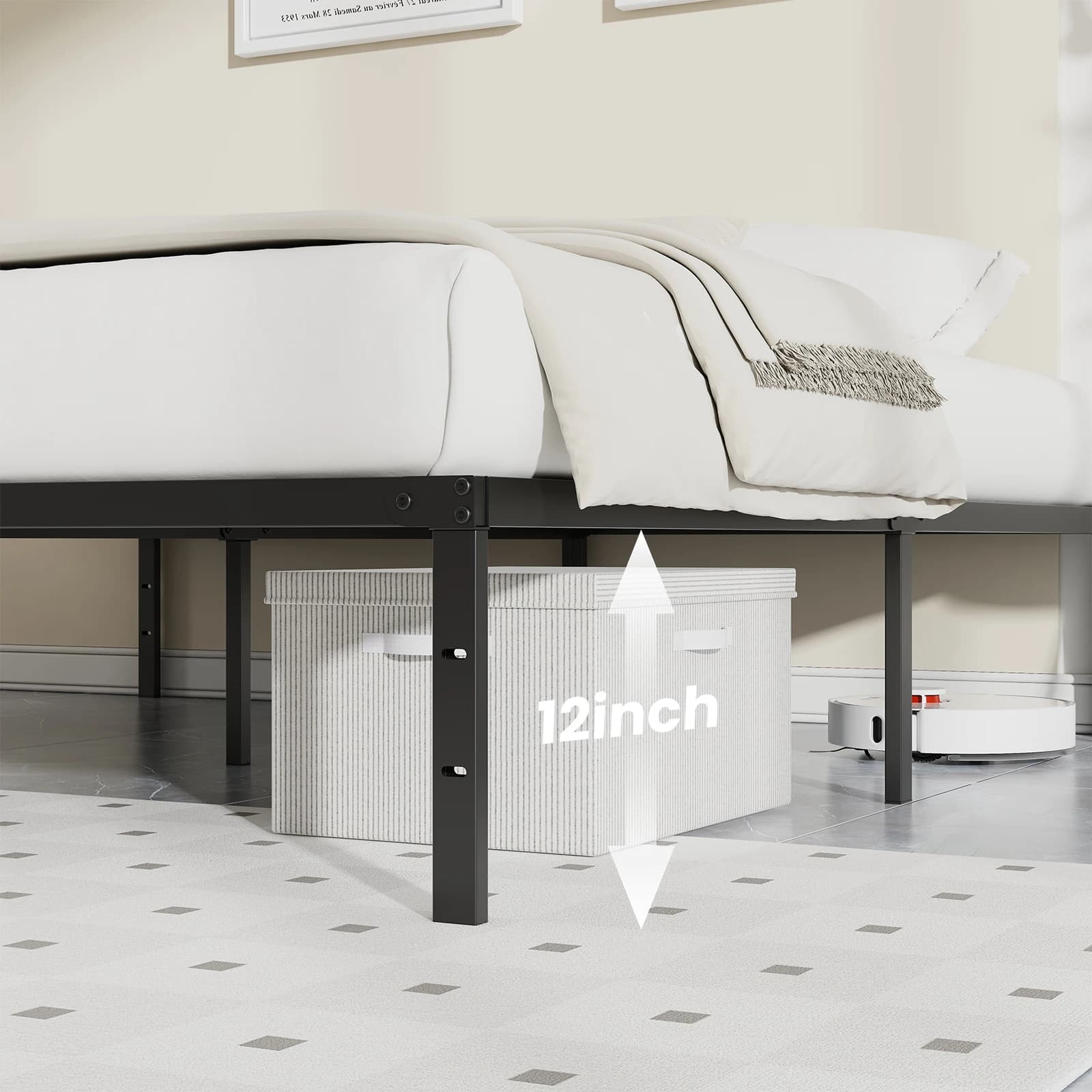 Cadre de lit JHK Basic 12 pouces, tailles Twin, Full, Queen, King, en métal, plateforme, avec espace