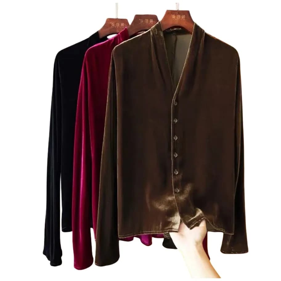 Cardigan à manches longues en velours doré pour femme, grande taille, col en v, boutons, Vintage, él