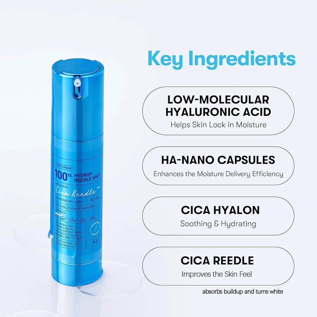 VT COSMETICS Hydrop Reedle Shot 100hL, translucide et hydratant, affinant les pores, améliorant l'éc