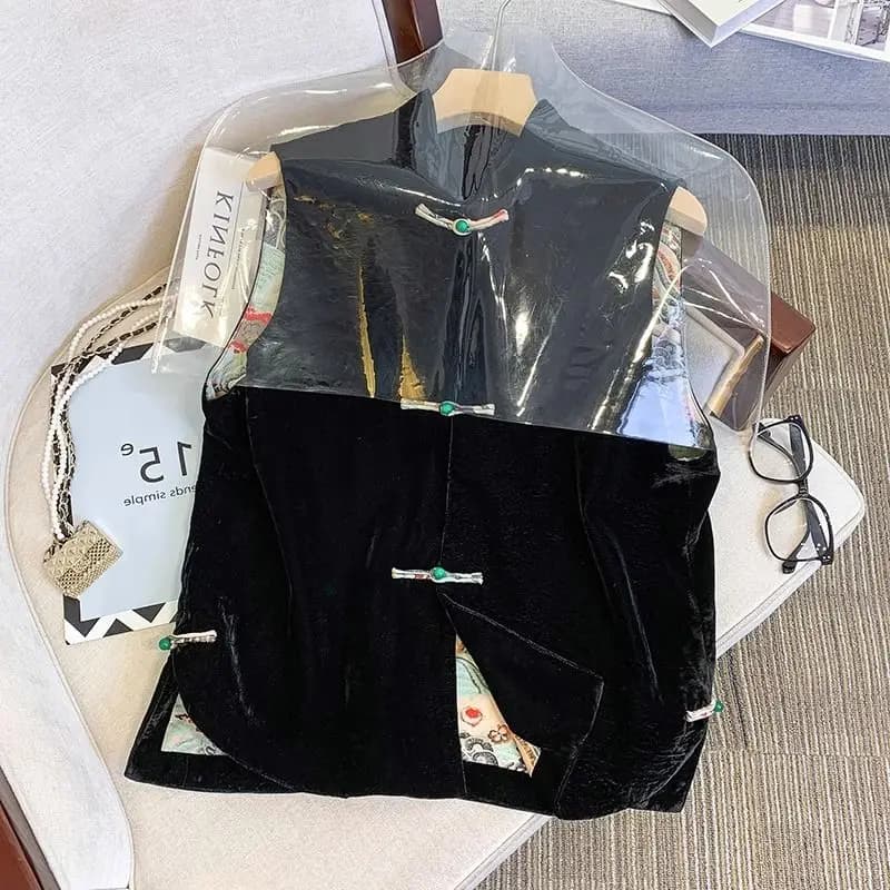Rongbuk-Manteau Noir à Col Glacé pour Femme, Vêtement de Style Chinois, avec Fente, à la Mode, Autom