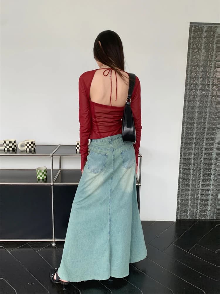 Contest ERART-Chemisier à manches longues dos nu pour femme, corset à col carré, haut en maille fron