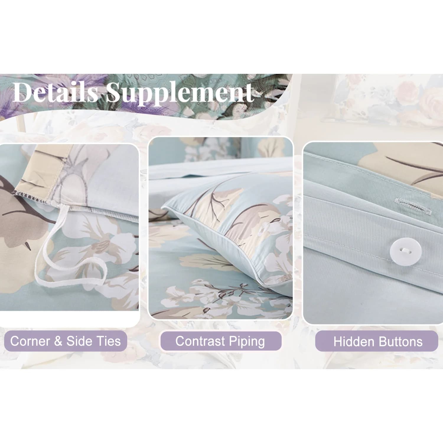 Ensemble de housse de couette 3 pièces 600TC 100% coton égyptien, feuilles de luxe bleues florales, 