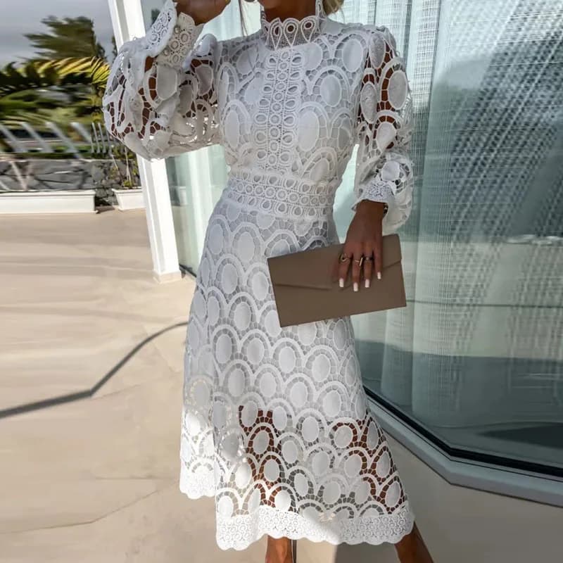 Robe Longue Brodée en Dentelle pour Femme, Élégante, Demi-Col Roulé, Ajourée, Manches Lanternes, Ten