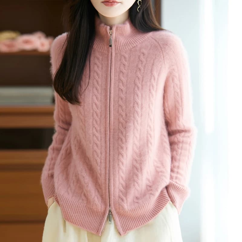 Cardigan 100% laine mérinos avec fermeture éclair pour femme, pull à câble épais, tricot chaud, vête
