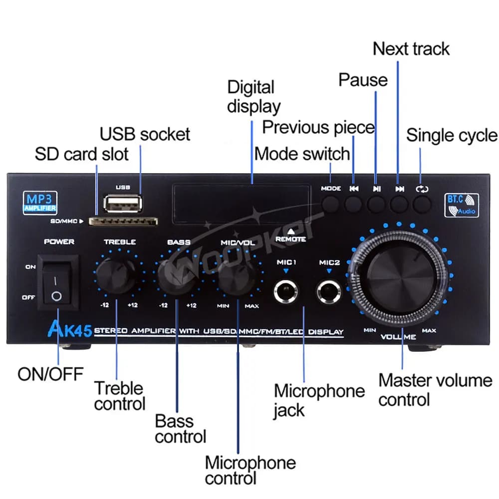 Woopker HiFi amplificateur numérique AK45 Bluetooth MP3 canal 2.0 amplificateur sonore Support 90 V-