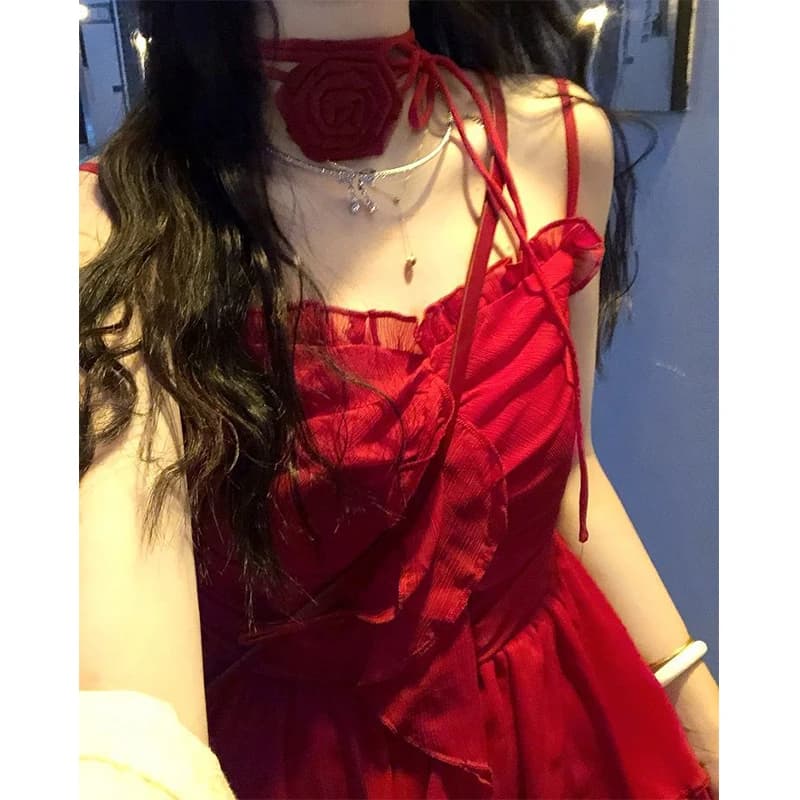 Vintage Ruffles Mini Dress Women Y2K Party Sexy Spaghetti Strap Red Dresses Summer Korean Irregular 