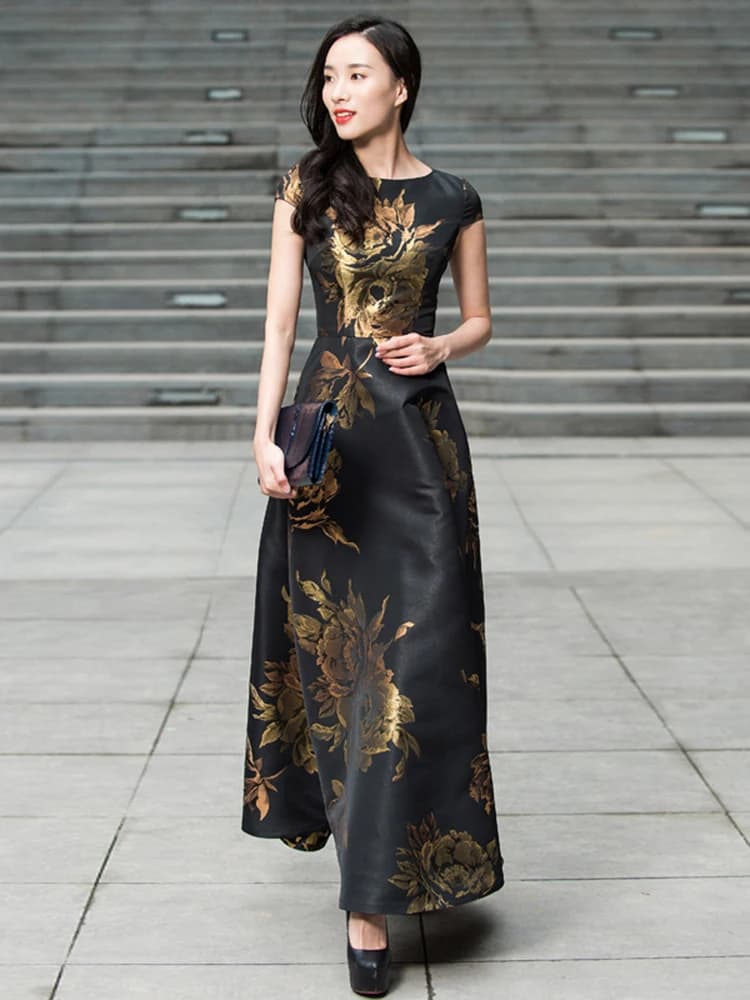 Robe Jacquard Vintage Élégante pour Femmes avec une Silhouette Maxi Évasée Cintrée à la Taille, Idéa