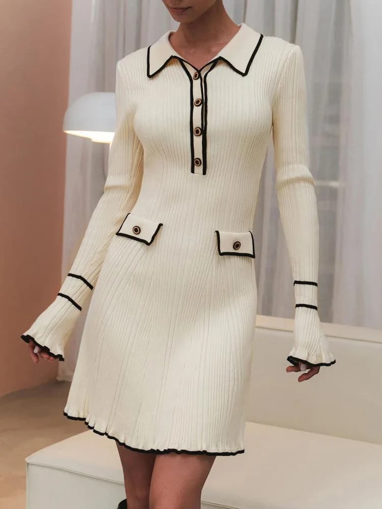 Tossy à volants mode robe en tricot femmes automne côtelé contraste à manches longues taille haute r