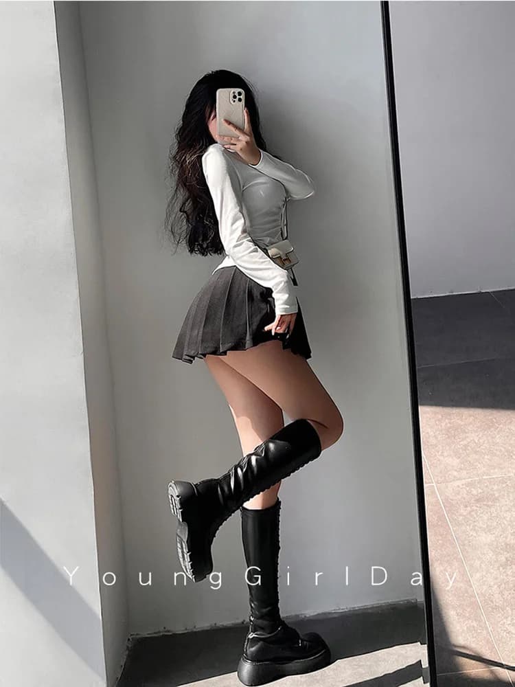 Jupe plissée avec short pour femme, taille haute, sexy, blanc, noir, ligne A, pouvez-vous aru coréen