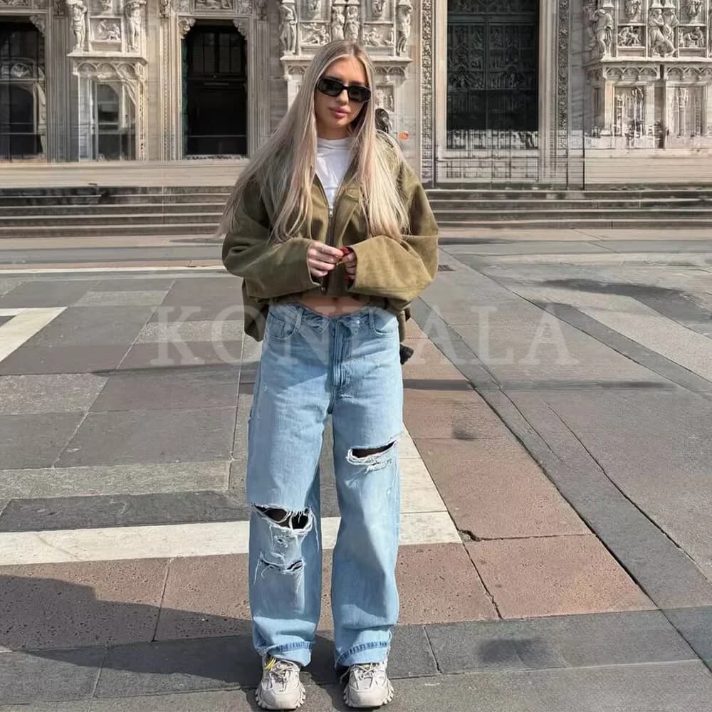 KONDALA 2026 Printemps-Été – Pantalon en jean élégant pour femme, coupe large, déchiré, idéal pour l