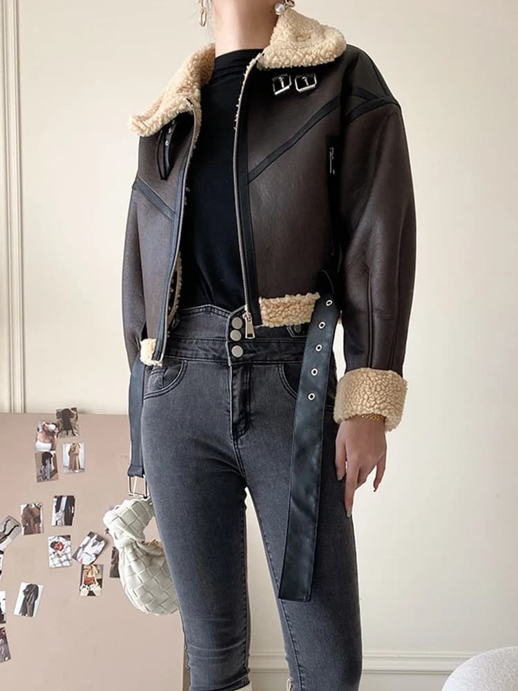 Ailegogo en Fausse Fourrure d'Agneau pour Femme, Streetwear Rétro, Veste avec Ceinture à Fermeture É