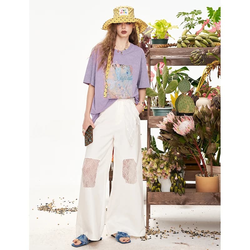 ELFSACK T-shirt surdimensionné à imprimé sirène pour femme, tee-shirt violet délavé vintage avec mot