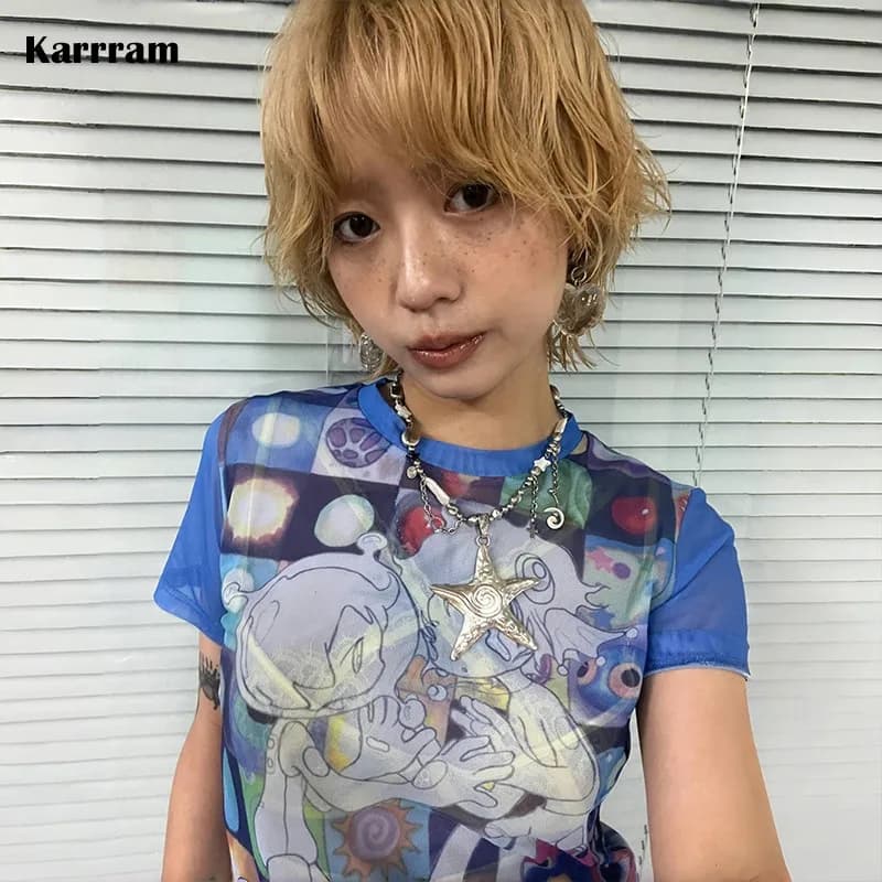 Karrram japonais Y2k Anime imprimé T-shirt 2000s Harajuku manches courtes haut en maille Vintage est