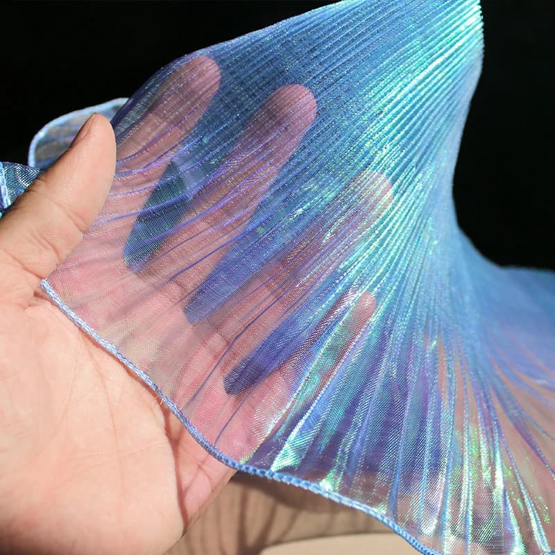 Tissu en dentelle bleue plissée effet sirène, 1 mètre, Lustre néon Laser pour femmes, robe de 15CM d