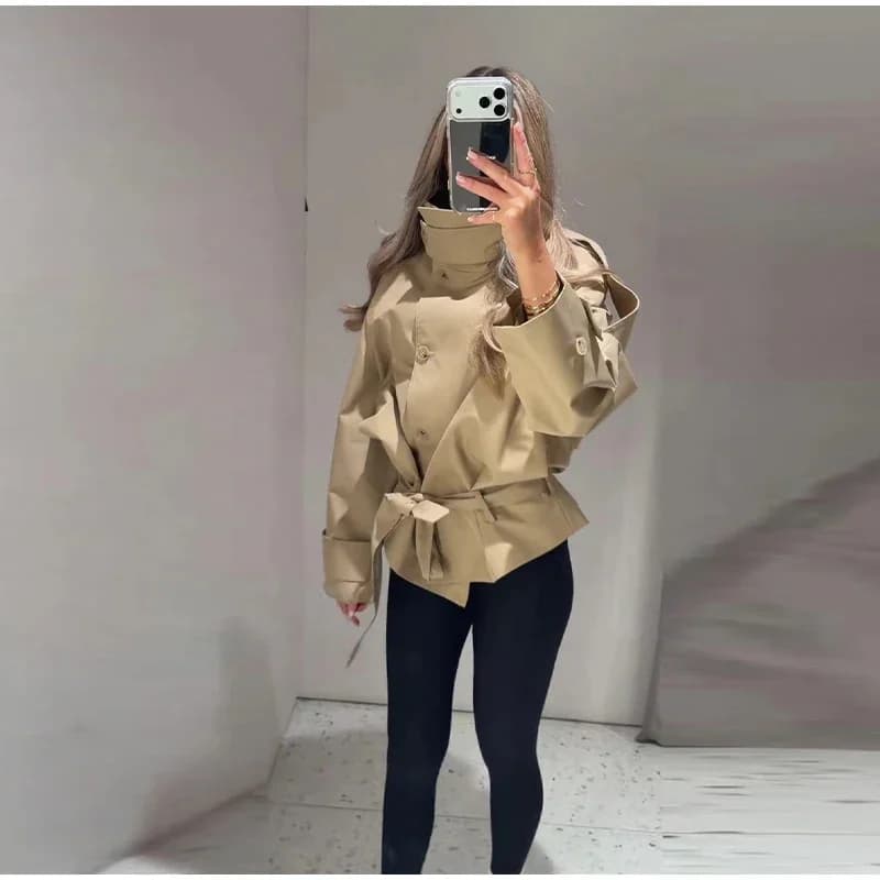 Manteau pour femme, style printemps 2026, kaki, manches longues, col montant, ceinture, trench court