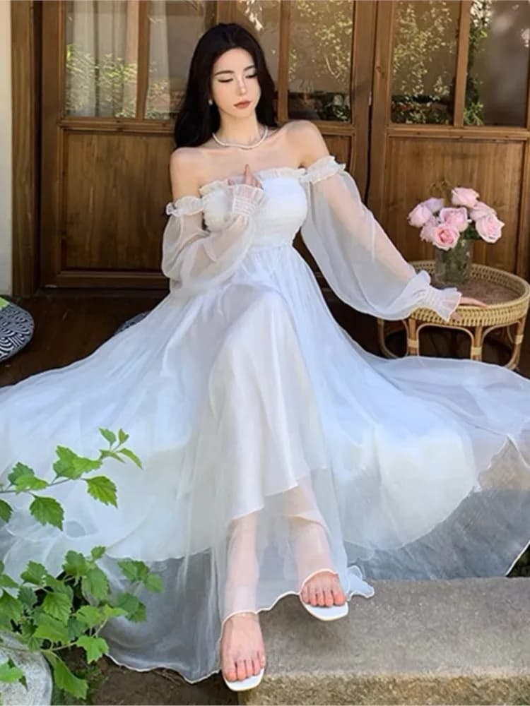 Robes de plage de vacances élégantes pour femmes, couleur unie, manches bouffantes, col Slash, épaul