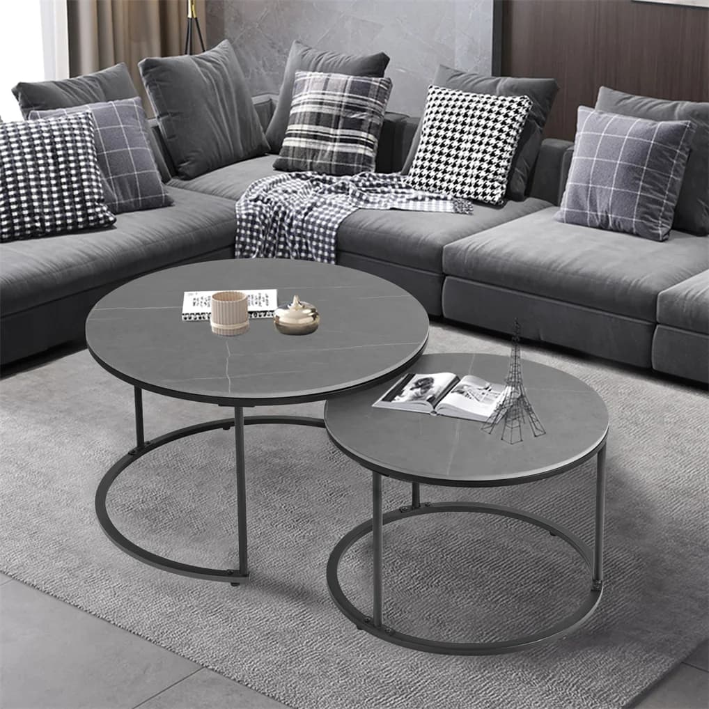 Ensemble de table basse en marbre gris rond nidification moderne, table en pierre frittée, pieds en 