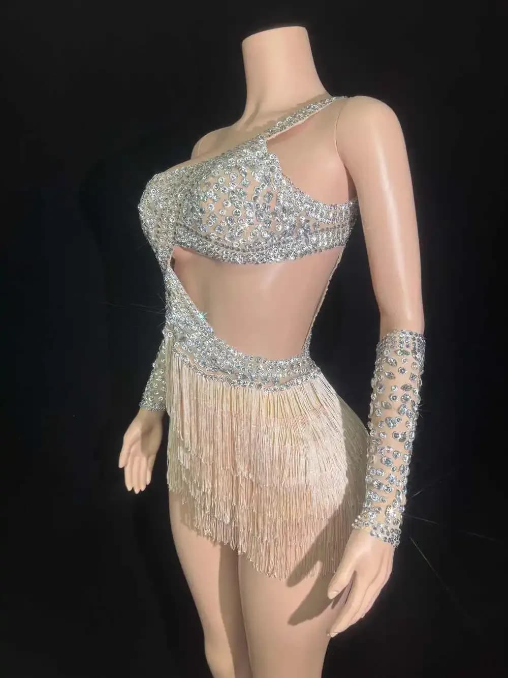 Combinaison de luxe scintillante avec pompons et strass pour femmes, tenue de soirée de bal, de chan