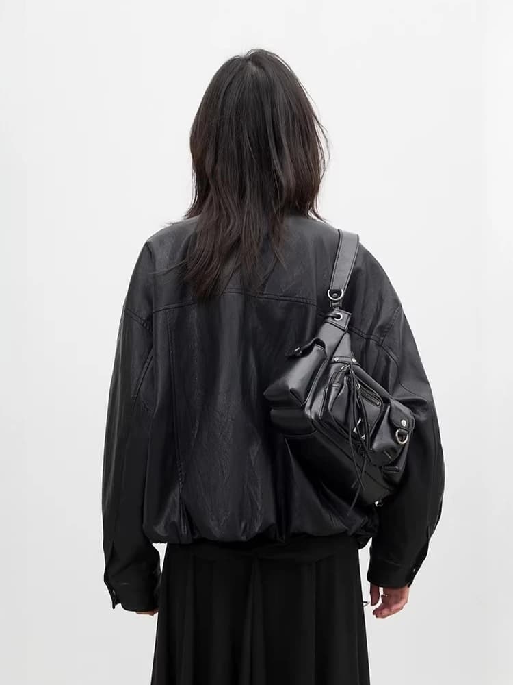 CHIC VEN Nouvelle Veste Courte Femme en PU Style Motard Coupe Ample Col Montant Unie Coupe-Vent Prin