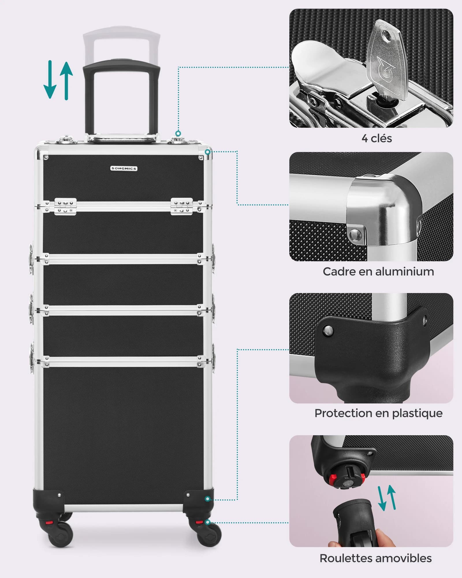 Coffret à Maquillage 4 en 1, Valise à Maquillage, Verrouillable, Roulettes, Noir
