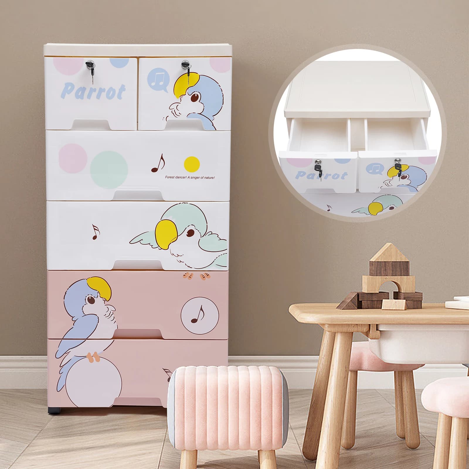 Commode de rangement moderne en plastique pour perroquet roulant, armoire de rangement à 5 couches, 
