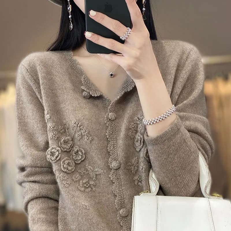 Pull en Cachemire Pur pour Femme, Cardigan à Col Rond en Dentelle, Broderie Décontractée, Veste Douc