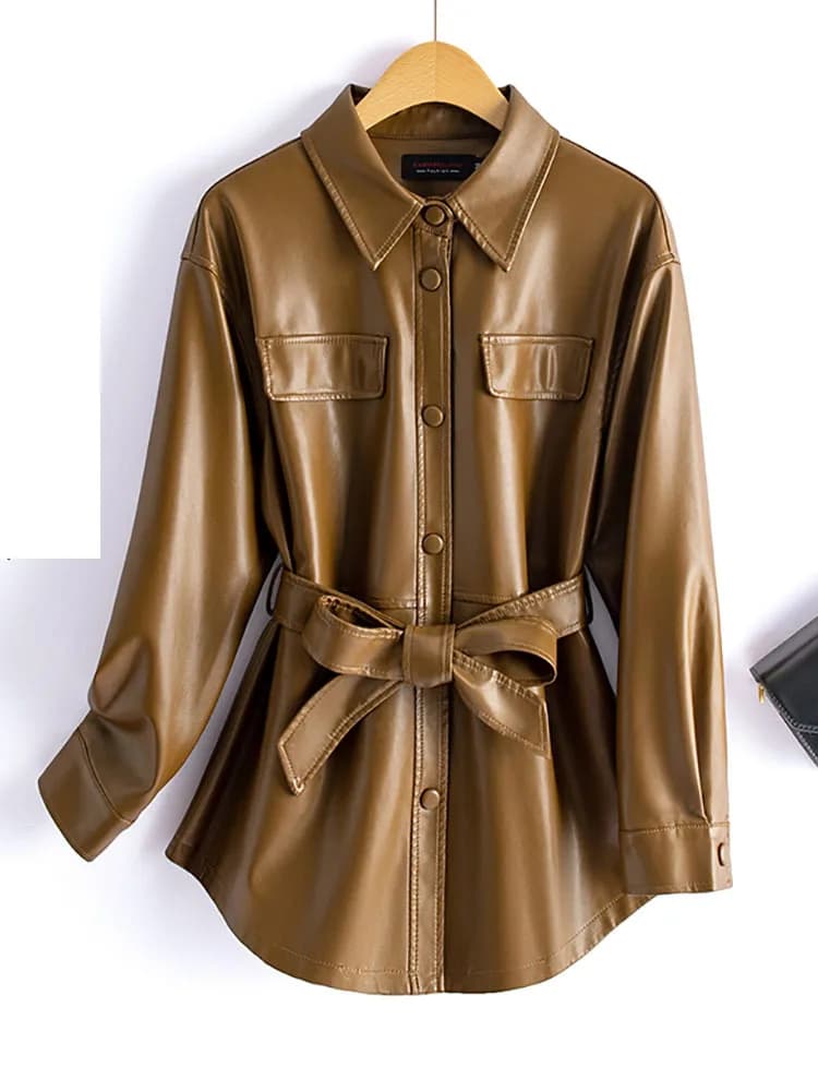 Nouveau femmes chemise Style veste en cuir printemps automne mode décontracté col rabattu à lacets m