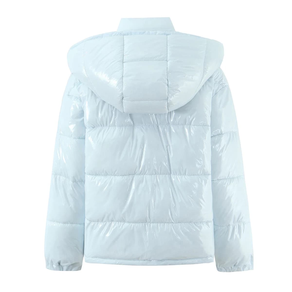 Nouveau hiver mode femmes bleu clair brillant fermeture éclair pain Parka manteau femme col montant 