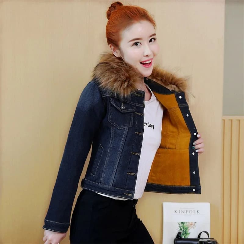 Veste en Jean polaire pour femme, manteau court à grand col en fourrure, doublure en velours épais, 