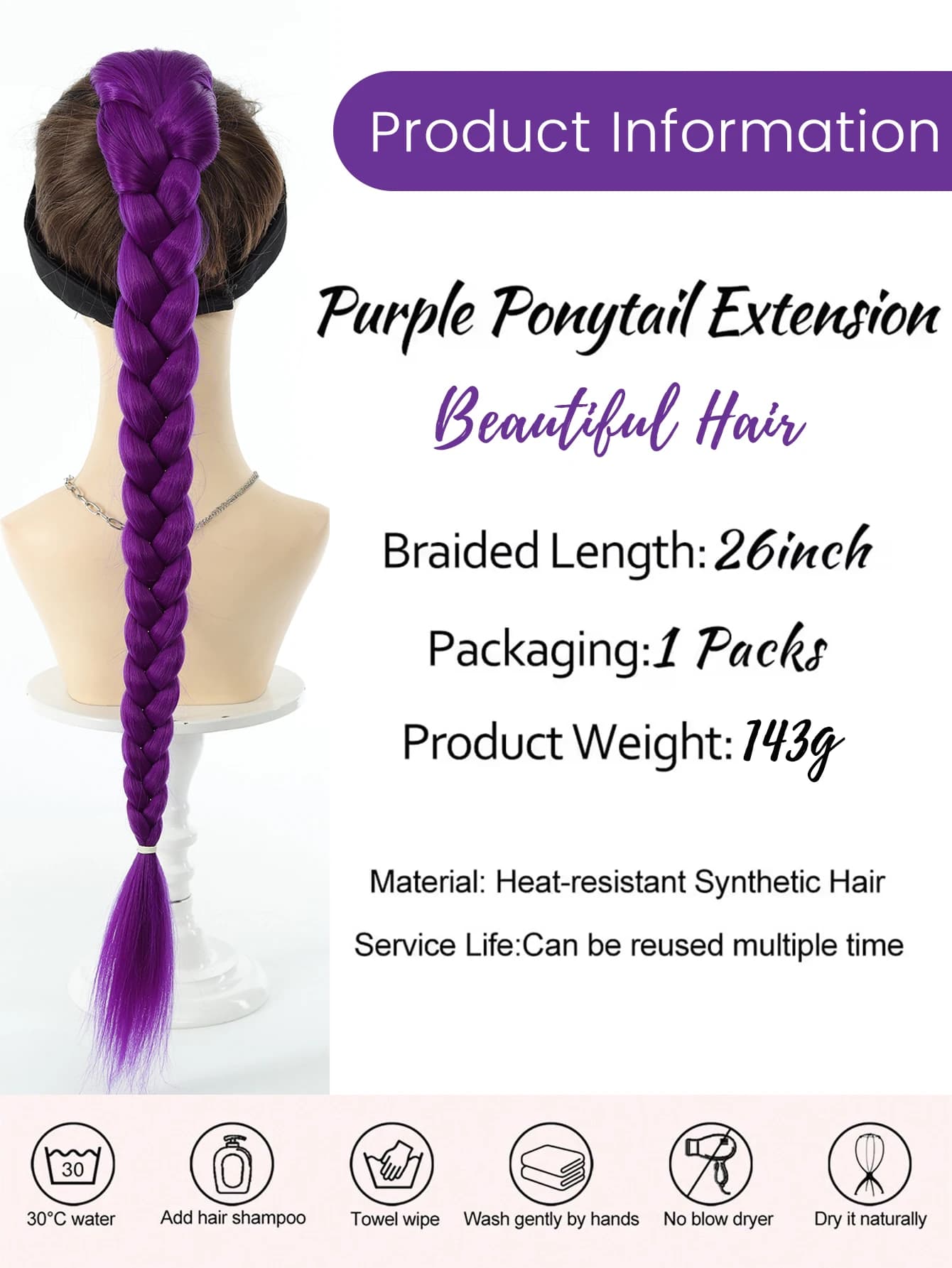 Queue de cheval synthétique longue de 26 pouces avec clips, cheveux violets tressés, coiffure de Cos