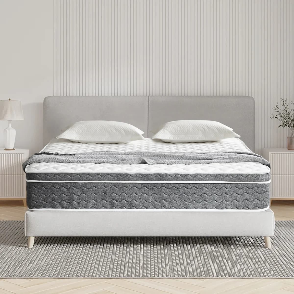 Matelas hybride Queen Size 10/12/14 pouces, sans fibre de verre, sensation moyenne, isolation du mou