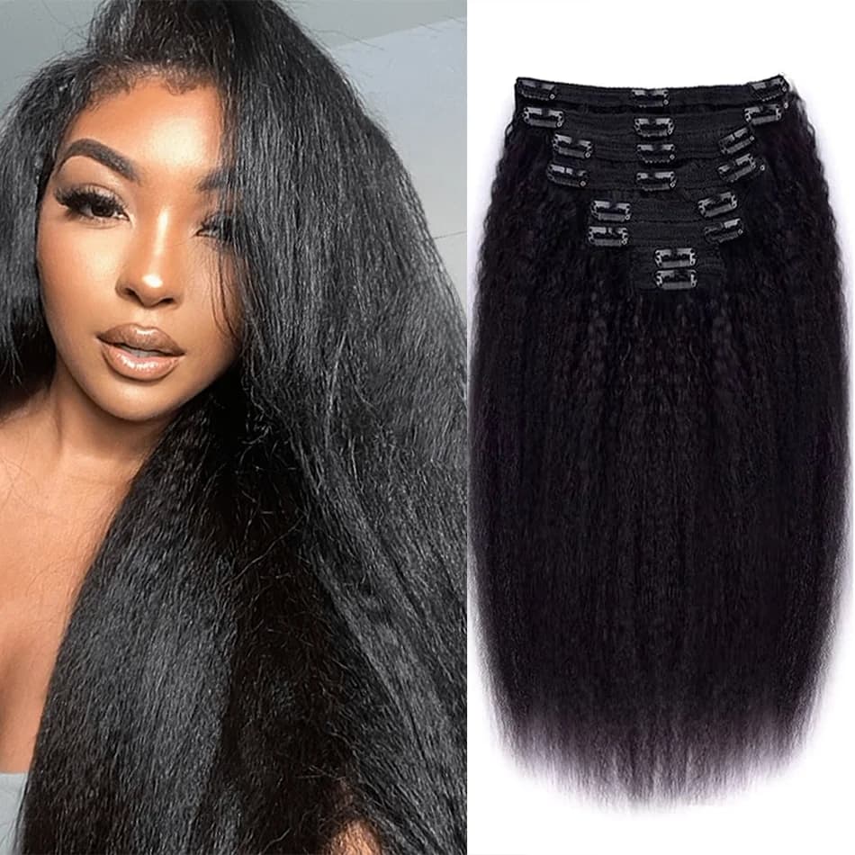 Extensions de cheveux brésiliens Remy à Clip, cheveux crépus lisses, 100% vrais cheveux humains, noi