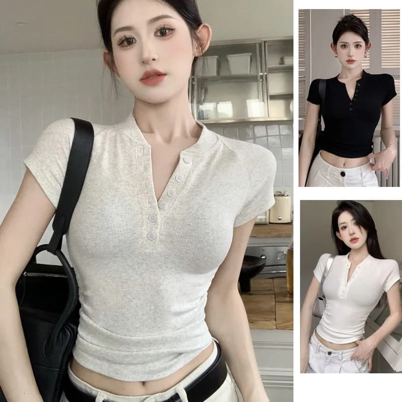 1 pièces été femmes T-shirt fille bouton demi col ouvert T-shirt dame à manches courtes haut ajusté 