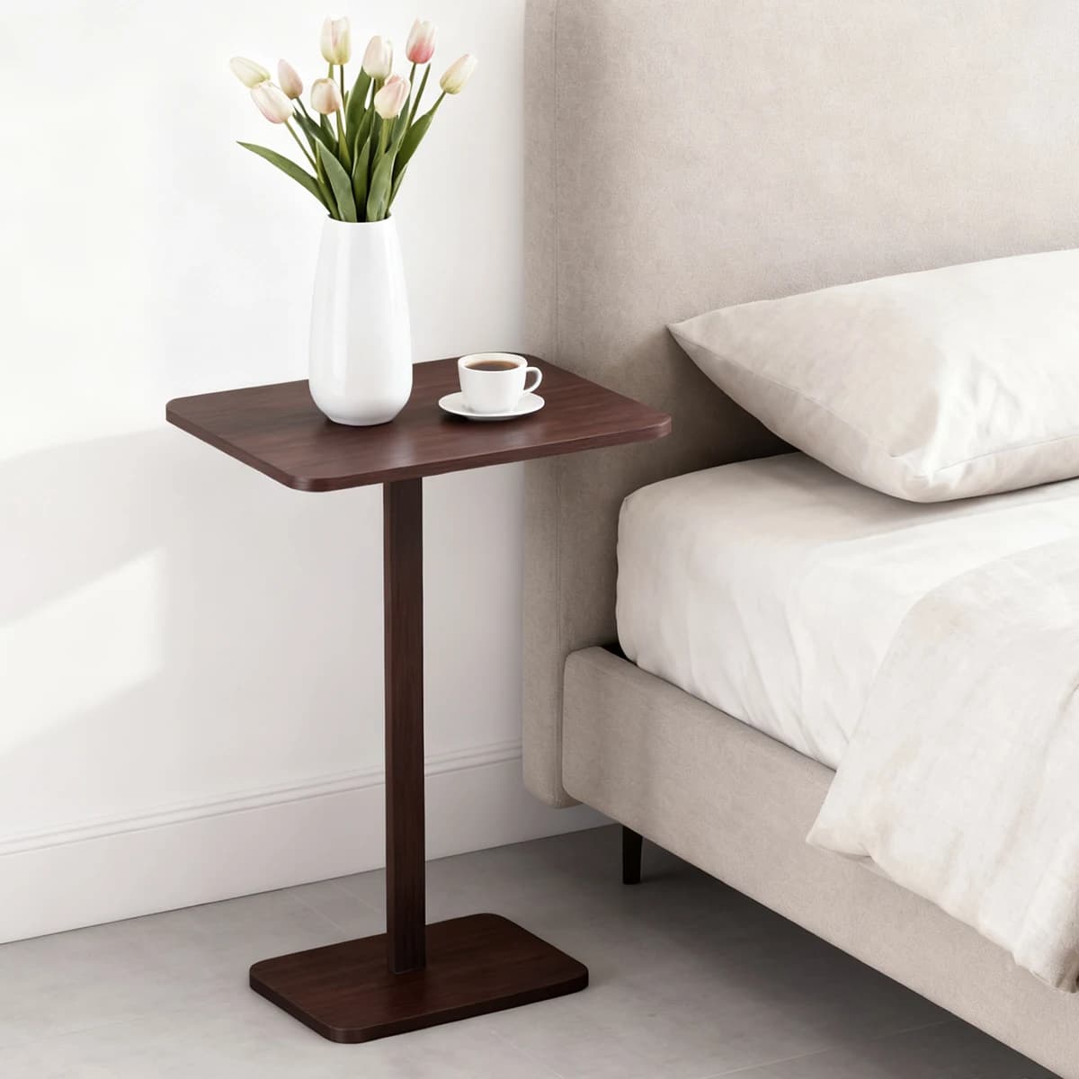 Plateau d'accoudoir de table d'appoint de canapé en forme de C en bambou, table de collation TV peu 