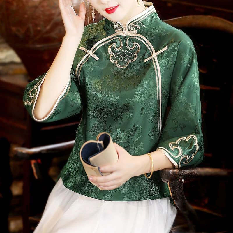 Chemise brodée de Style ethnique chinois pour femmes, Imitation soie, boucle, Costume Tang, Vintage,